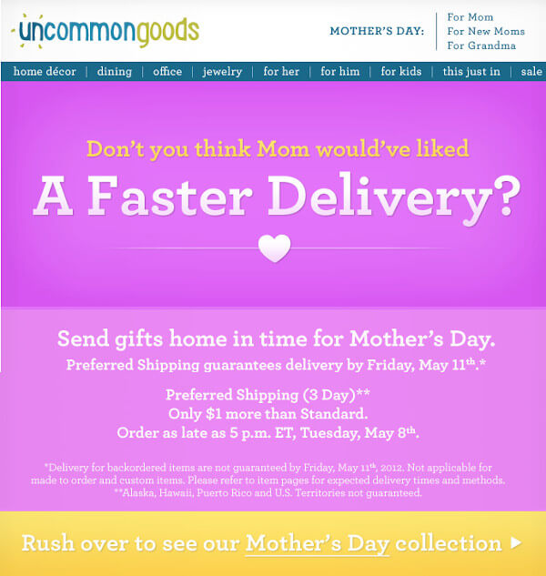uncommon goods email that reads "don't you think mom would've liked a faster delivery?" along with shipping promotion that reads "send gifts home in time for mother's day"