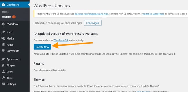 Come aggiornare WordPress manualmente tramite Dashboard: fai clic su Aggiorna ora