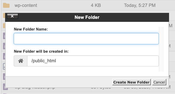upload an html file to wordpress: create new folder inside cpanel