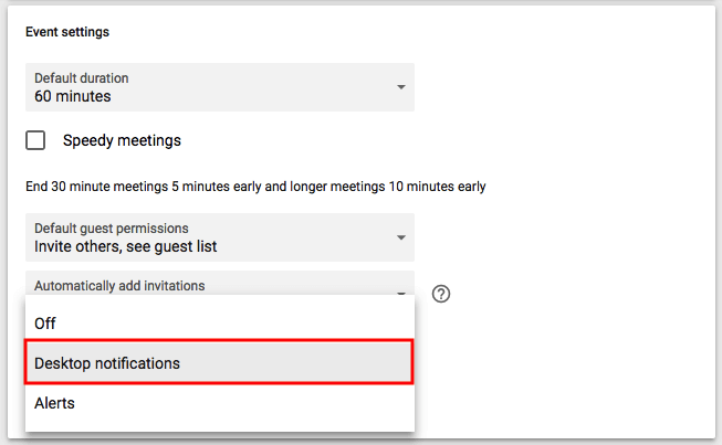 Dropdown menu to enable desktop notifications in Google Calendar
