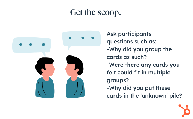 ux card sorting: image shows two people with speech bubbles above their head. the heading reads: 'get the scoop: Ask participants  questions such as:  -Why did you group the cards as such?  -Were there any cards you felt could fit in multiple groups? -Why did you put these cards in the 'unknown' pile?"