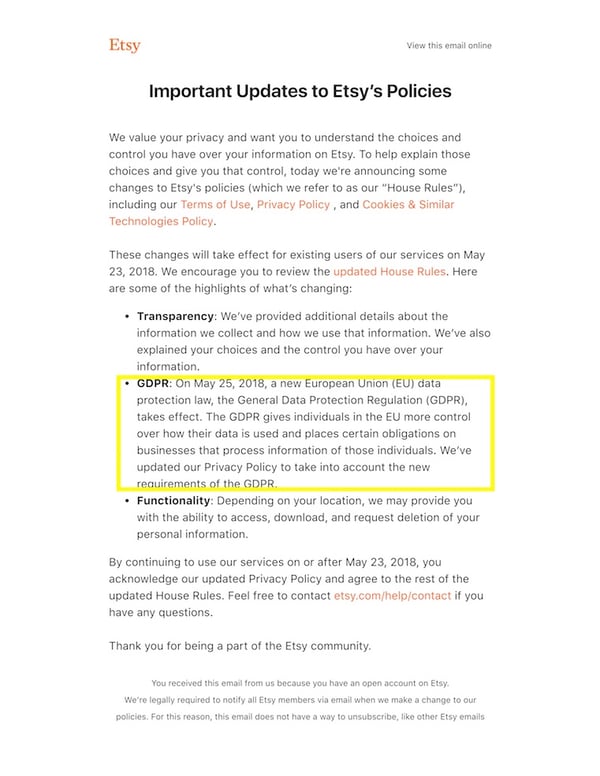 Etsy email updating privacy policies related to the GDPR