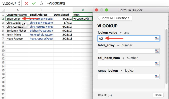 Lookup value in VLOOKUP formula builder in Excel
