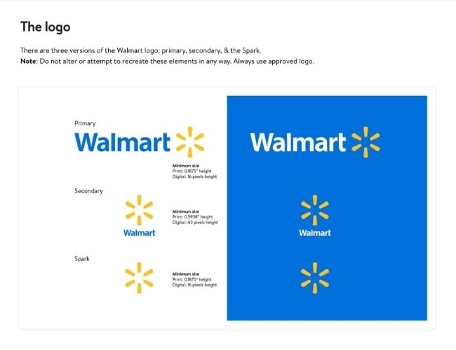 ejemplo de uso del logotipo en la guía de marca de walmart