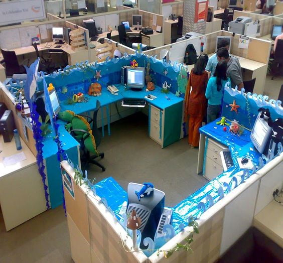 office prank: water themed cubicle