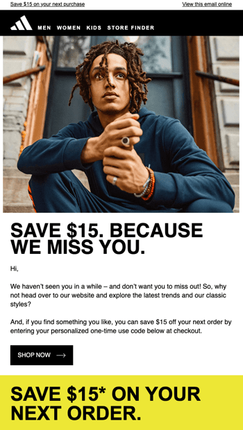 We miss your business letter from Adidas sent via email with a $15 discount