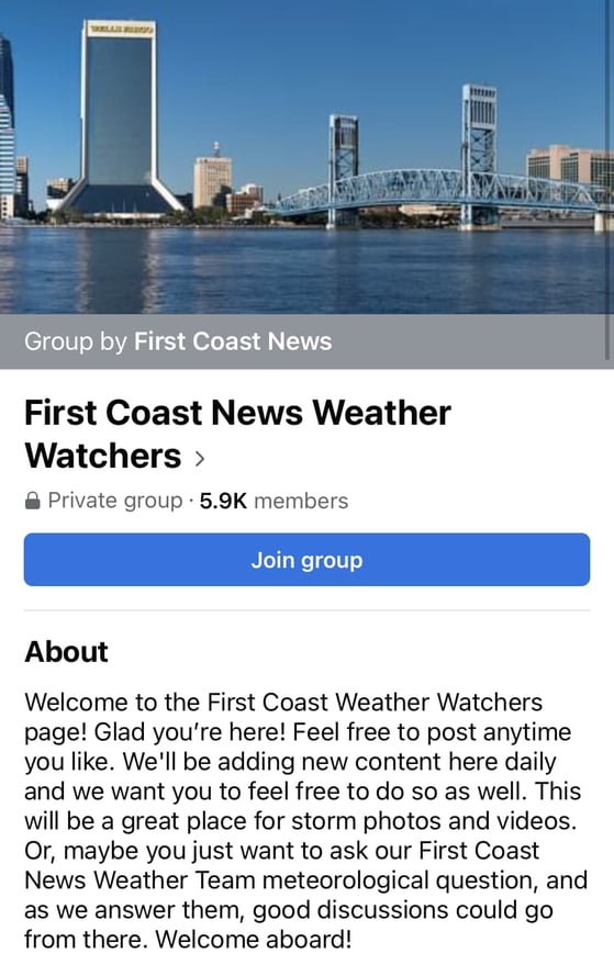 A screenshot of the First Coast News Weather Watchers Facebook Group, a social media community.