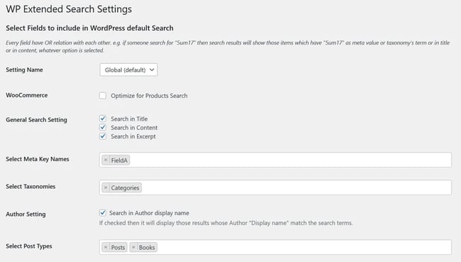 web page for the WordPress search plugin WP Extended Search