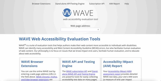web accessibility solutions: image shows wave homepage where you can test your website for accessibility 