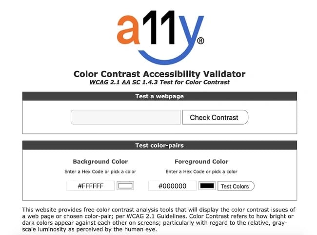the page for the online web accessibility tool a11y color contrast