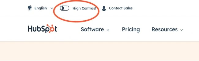 web accessibility: high contrast toggle option at the top of the hubspot homepage reads 'high contrast' and shows an on-off option 