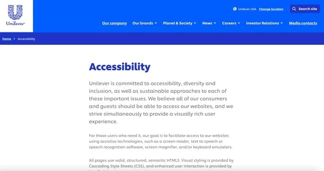 homepage for the web accessible website unilever