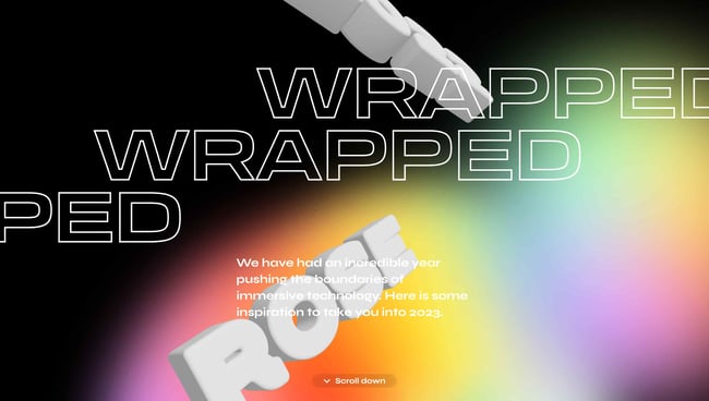 web design trends: Rose Wrapped homepage features rainbow gradient and flying text reading 'Rose' 
