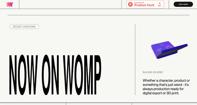 web design trends: WOMP homepage demonstrates how you can use 3D illustrations to create interest. 