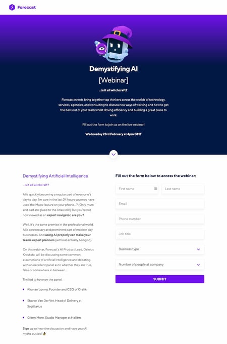 webinar landing page examples: forecast