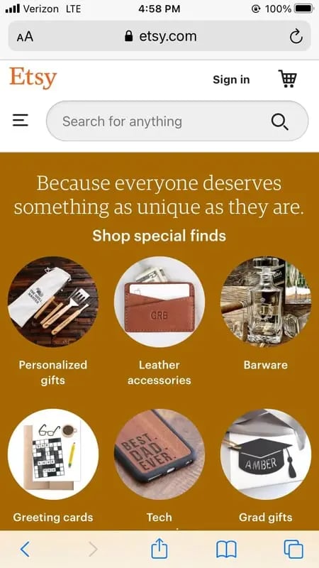 Etsy homepage on mobile