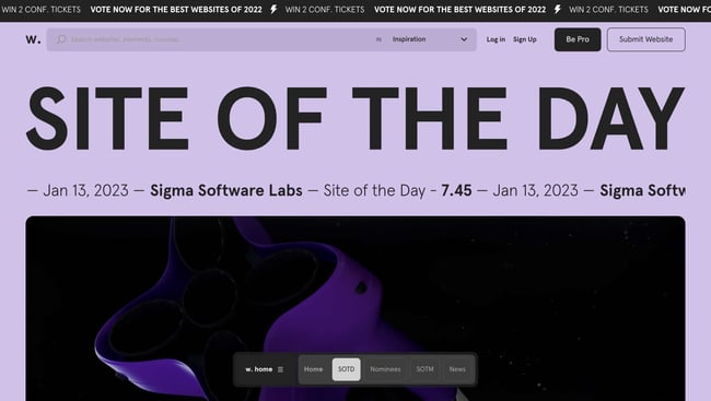 web design trends: the awwwards website has a light purple background and strong, bold, all capitalized text that reads 'site of the day' 
