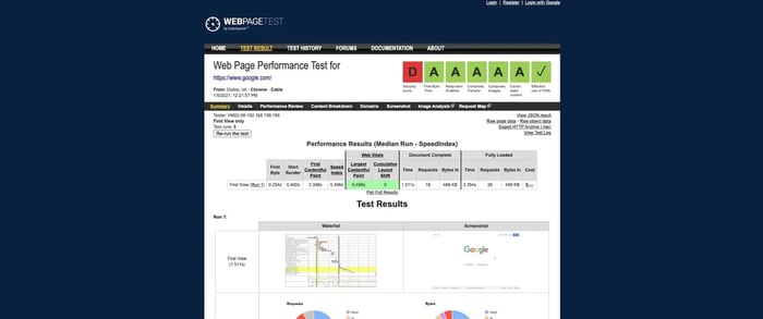 screenshot of the website performance assessment webpagetest