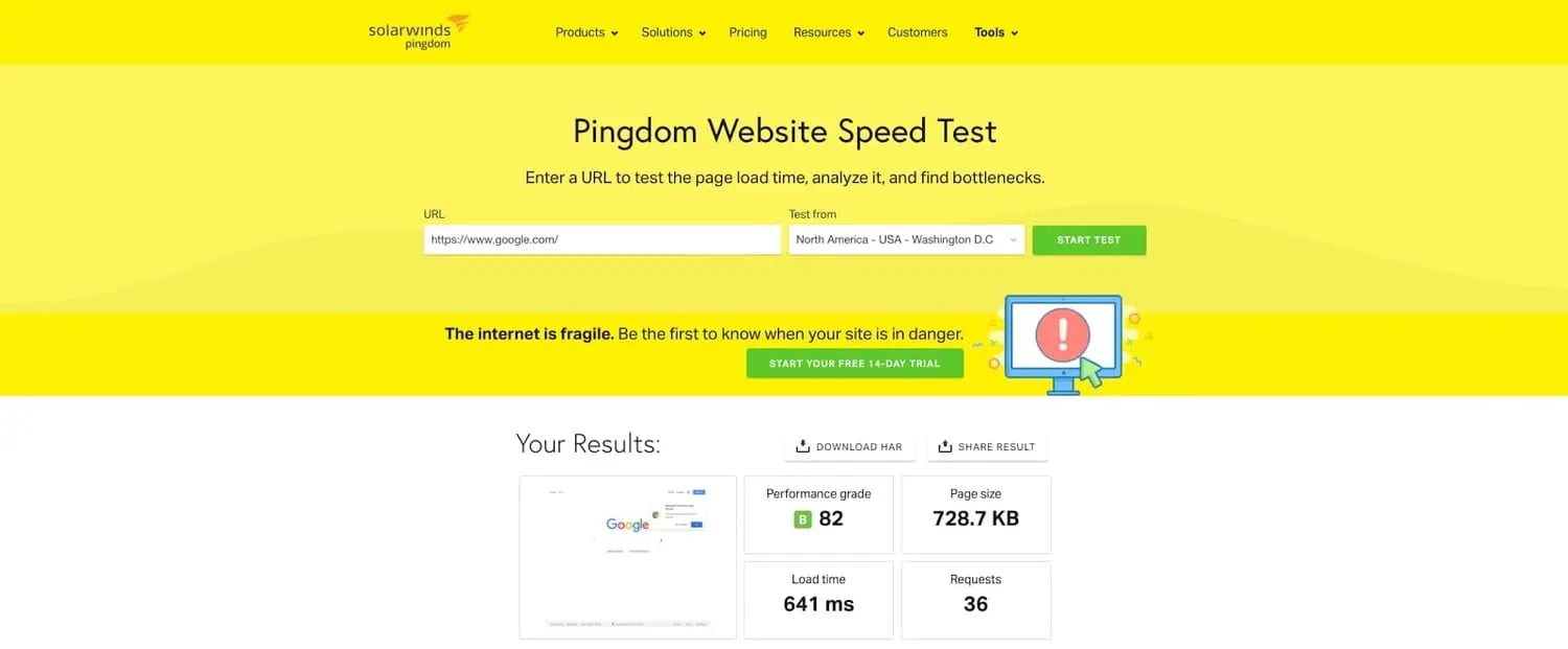 screenshot of the website performance assessment Pingdom