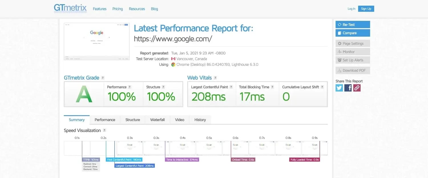 screenshot of the website performance assessment GTmetrix