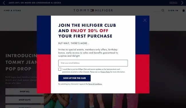 website pop up examples: tommy hilfiger