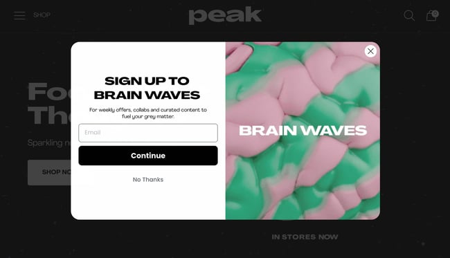 website pop up examples: peak moods
