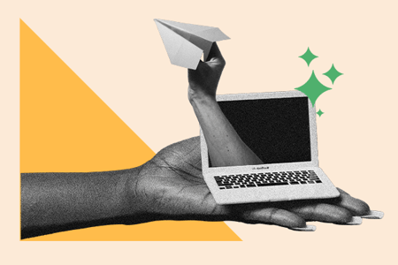 surfing the web to cure boredom, while throwing a paper plane out of a laptop