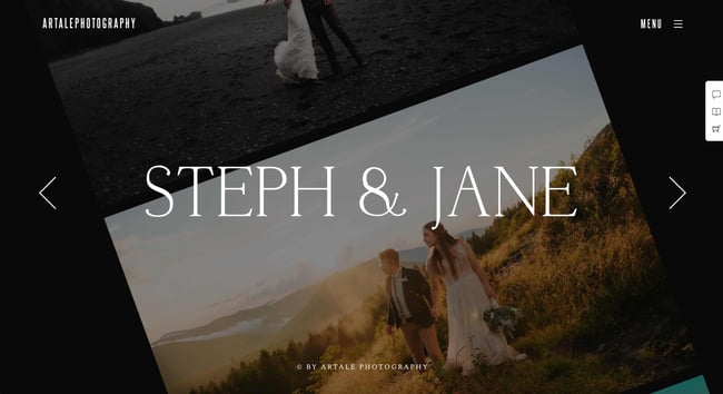wedding theme wordpress artale shows a couple walking through a field and text overlay reading 'steph and jane'