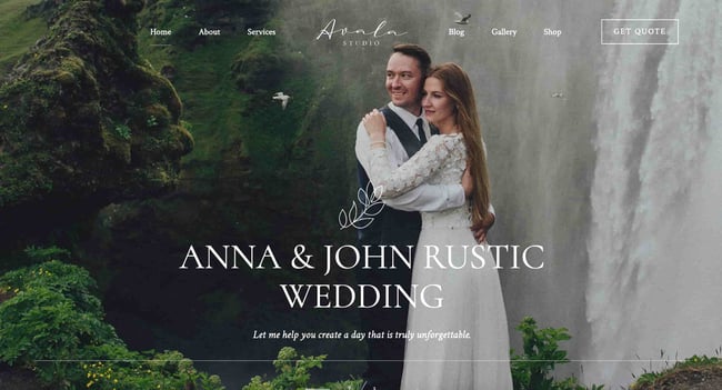 wedding theme wordpress avala shows couple standing in front of a waterfall embracing 