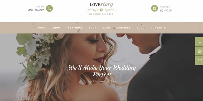 wedding theme wordpress love story shows couple smiling at eachother 