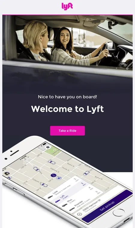 Lyft welcome email example with pink CTA to get started