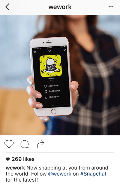 Instagram caption by WeWork promoting Snapchat account