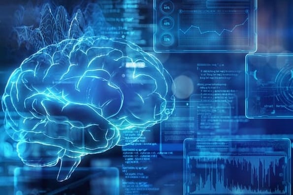 یک مغز دیجیتال مجموعه ای از داده ها و خطوط را پوشش می دهد که نشان دهنده هوش مصنوعی است
