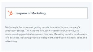 voorbeeld van een wat blog post met de titel van een concept "doel van marketing" samen met een uitleg van dat concept onder