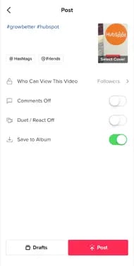 Post settings screen in TikTok app