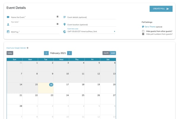 Whenavailable meeting poll creator on their website, with a calendar to choose meeting times