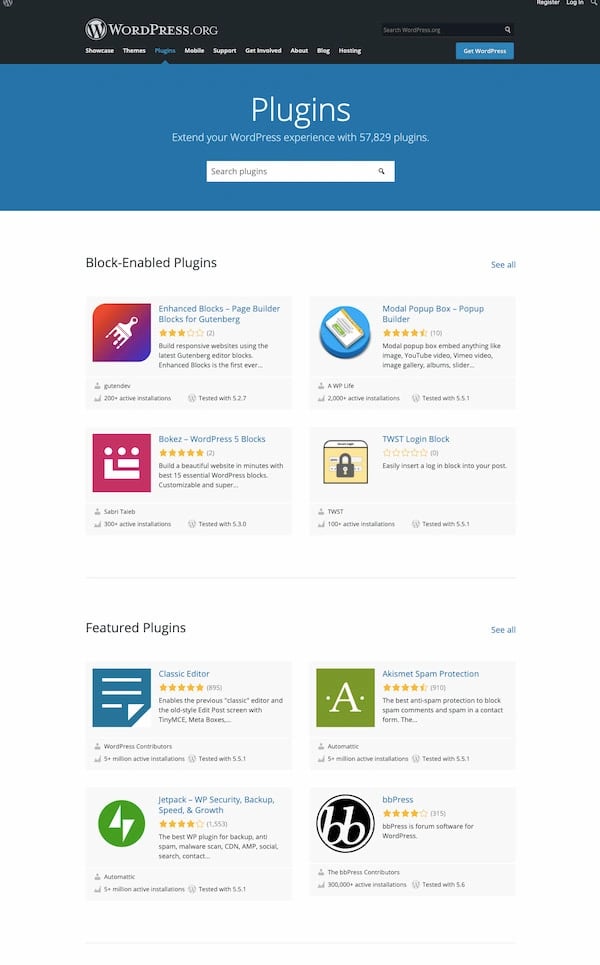 WordPress plugin directory page showing featured free plugins
