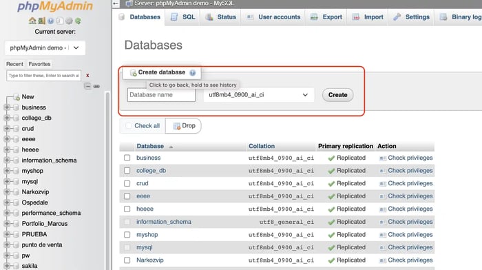phpmyadmin interface example of creating a database