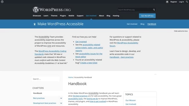 Accessibility Handbook homepage in WordPress codex