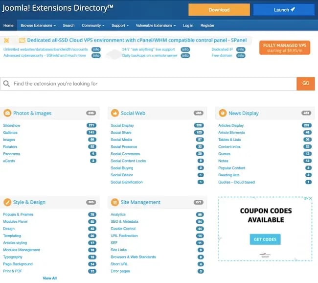 Joomla Extensions directory breaks add-ons down into categories
