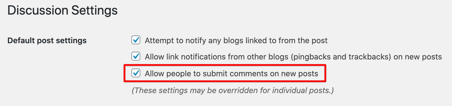 the discussion settings menu in wordpress where users can disable comments