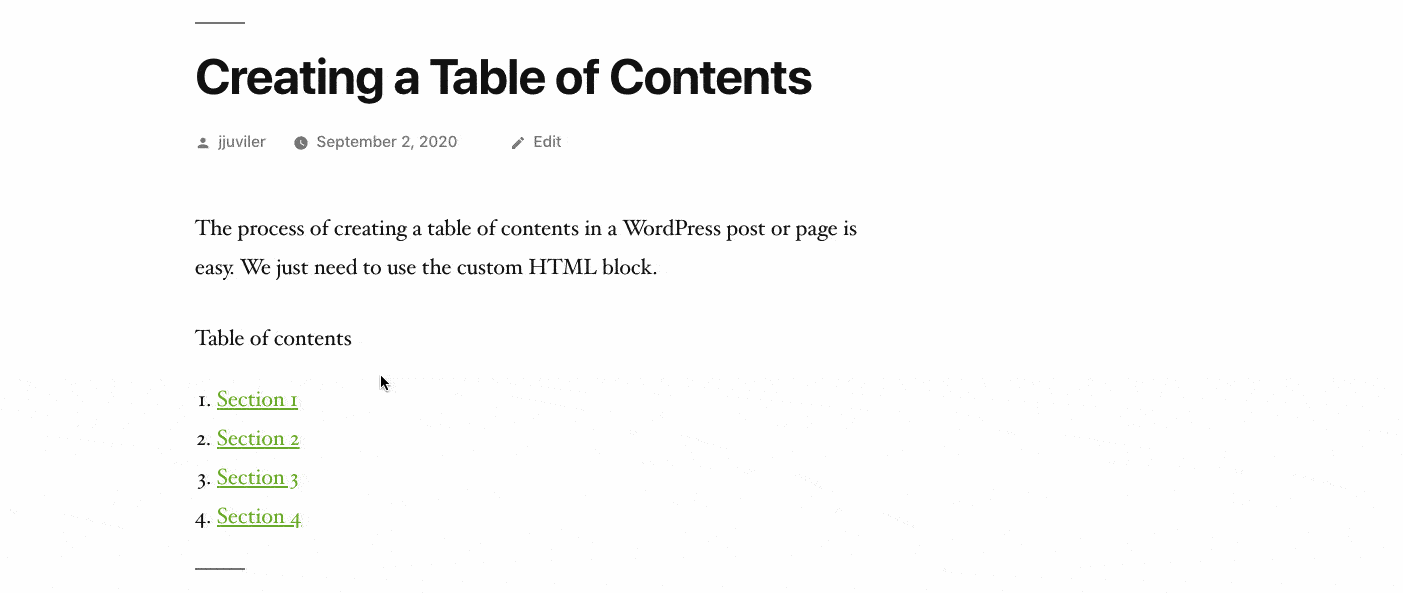 WordPress table of contents demonstration