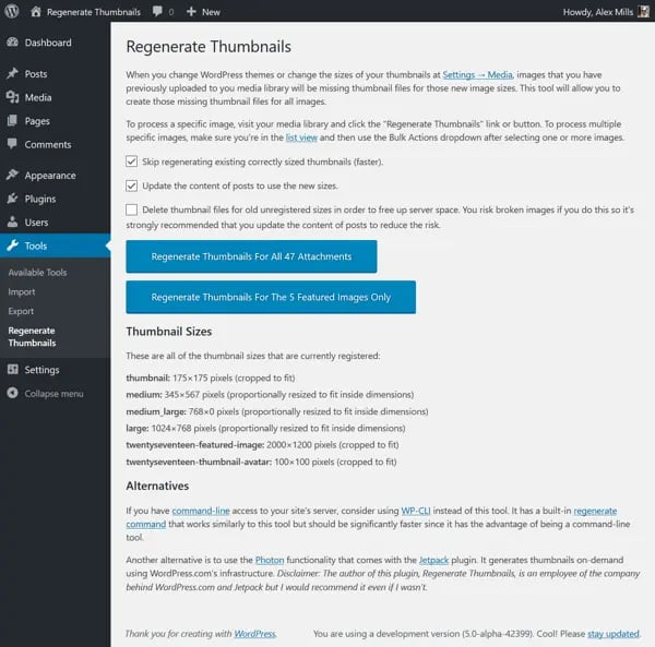 WordPress featured image plugin, Regenerate Thumbnails interface
