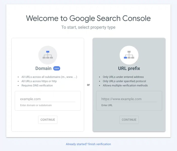 Typing in URL prefix to google search console