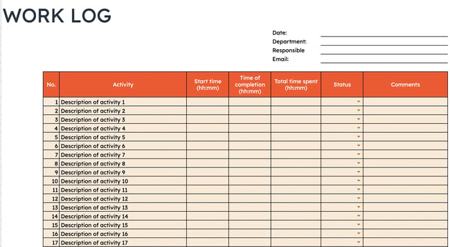 free marketing Microsoft Excel template: work log