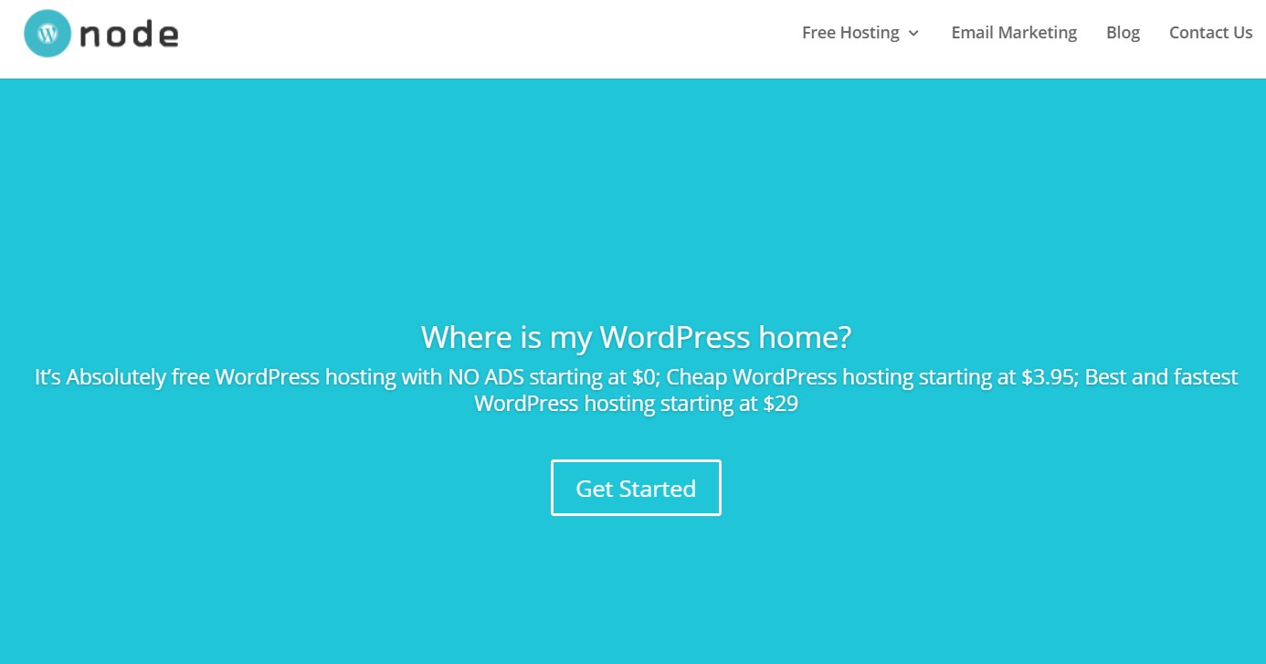 the wpnode homepage that reads "where is my wordpress home? It's absolutely free wordpress hosting with no ads"