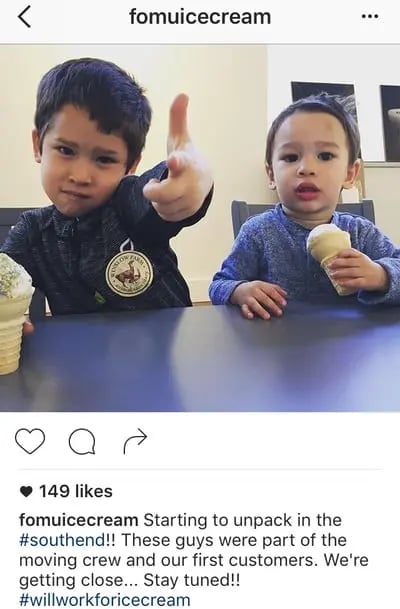Instagram caption with two hashtags by FOMU Ice Cream