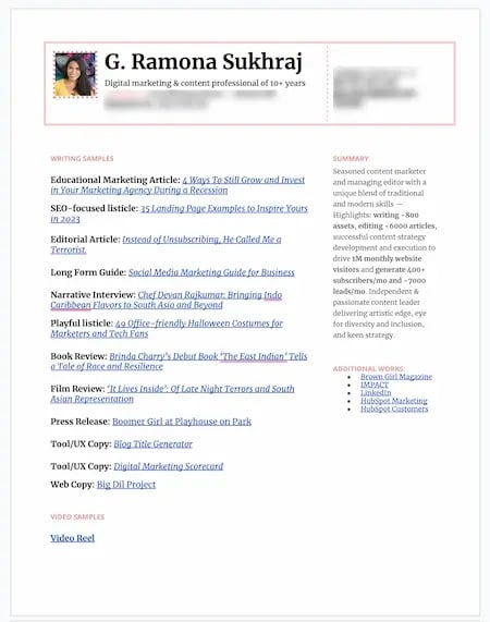 Screenshot showing an example of what a resume may look like including writing samples, includes description of what each item is and a link.