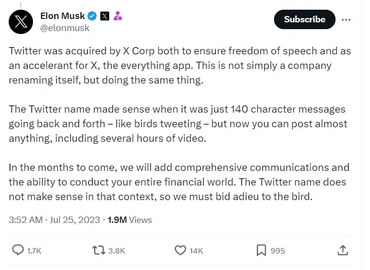 Musk’s post about the new Twitter name