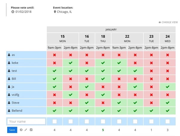 Xoyondo scheduling poll - calendar view with availability for invitees